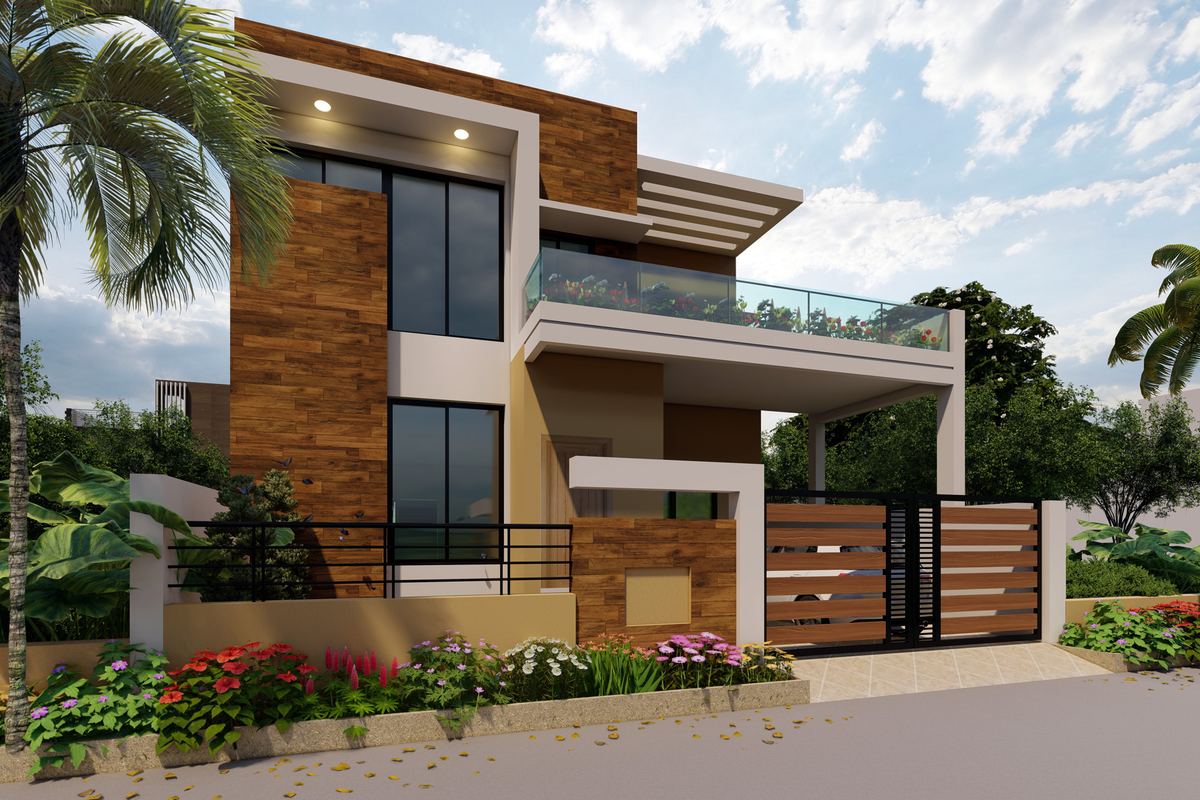 Contemporary two-storey home with timber cladding, glass balconies and mature palms