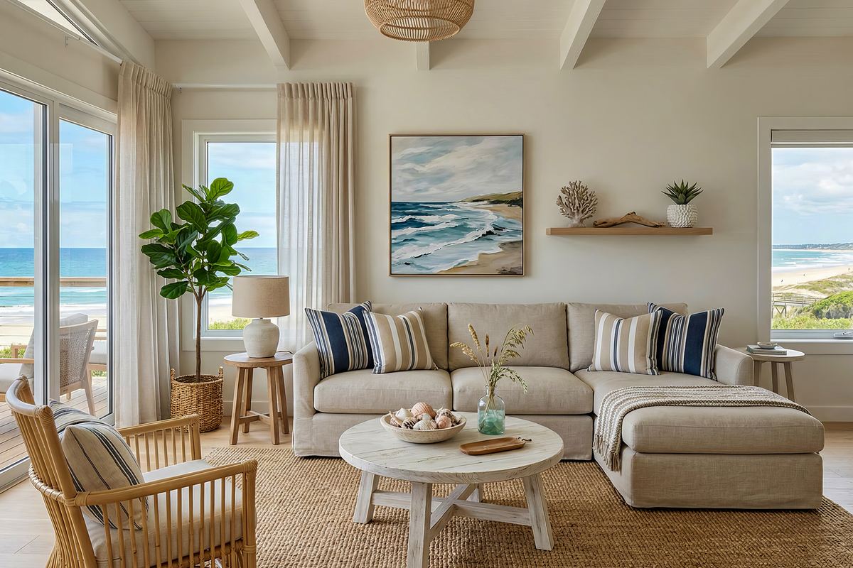Bright coastal living room with a sectional sofa and ocean views through tall windows