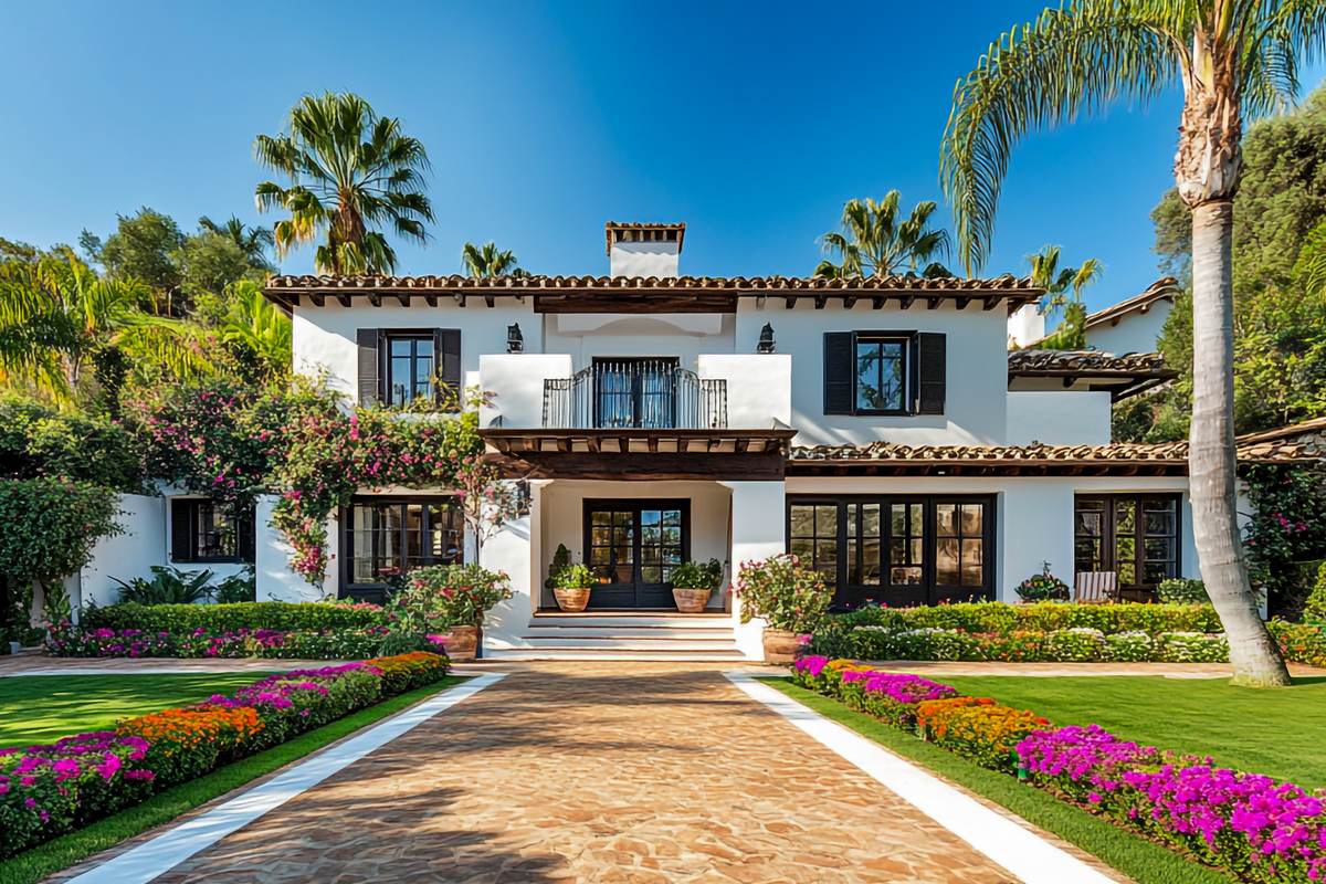 Two-storey Mediterranean home with a paved entrance walk and flowering borders