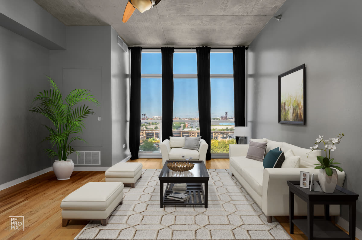 The same room virtually staged with furniture